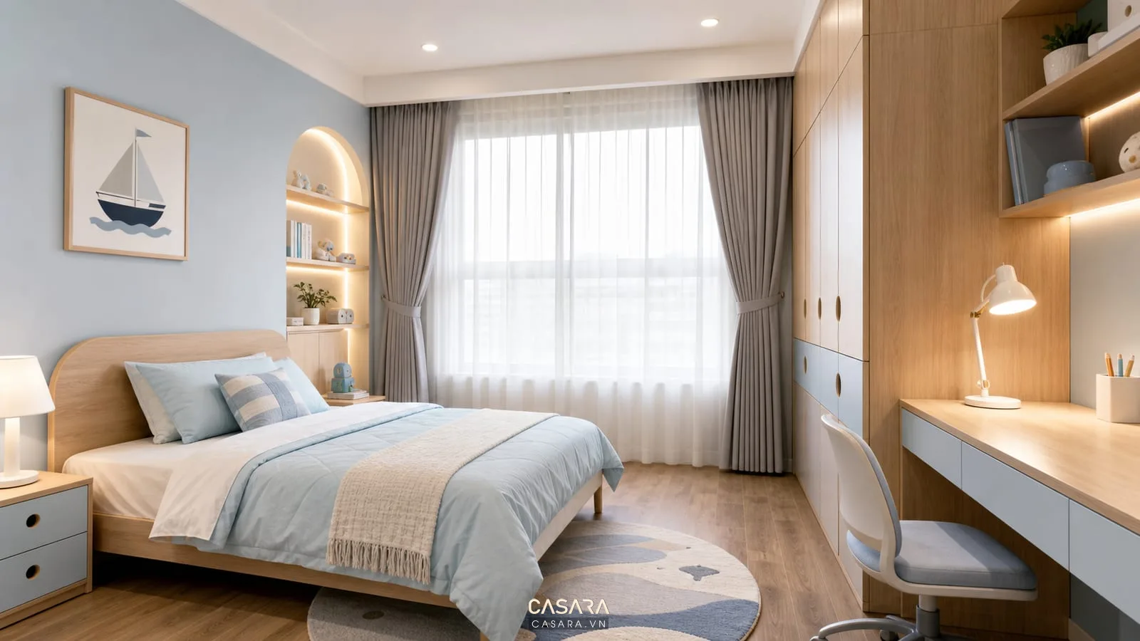 thiết kế phòng ngủ bé trai với rèm hai lớp giường gỗ và góc học tập sáng tự nhiên