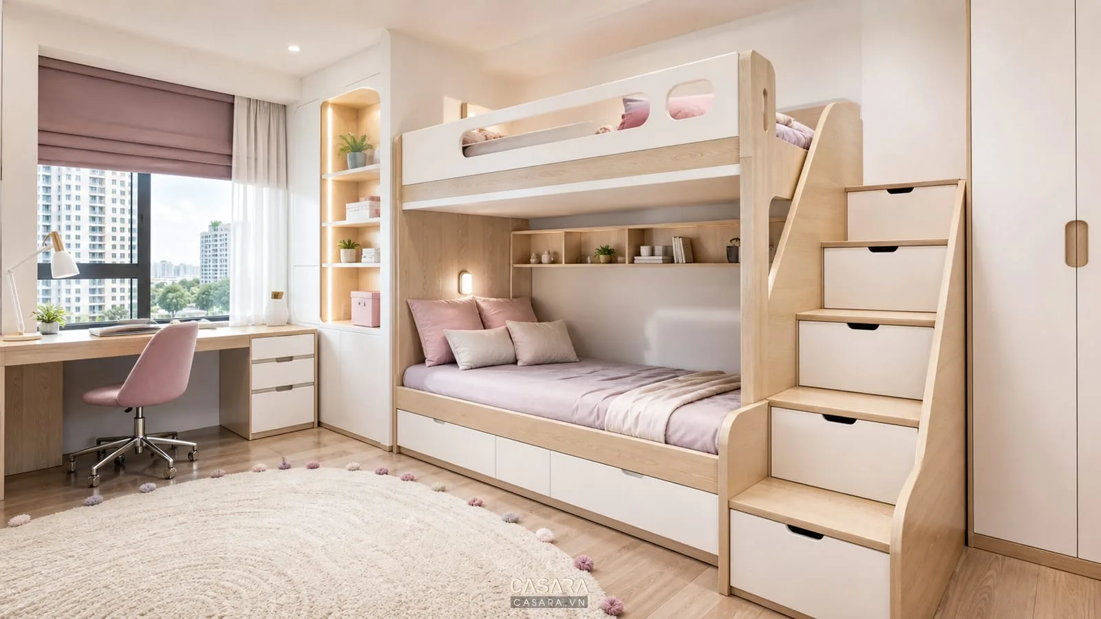 Giường tầng phòng ngủ bé gái với cầu thang hộc kéo và tủ lưu trữ