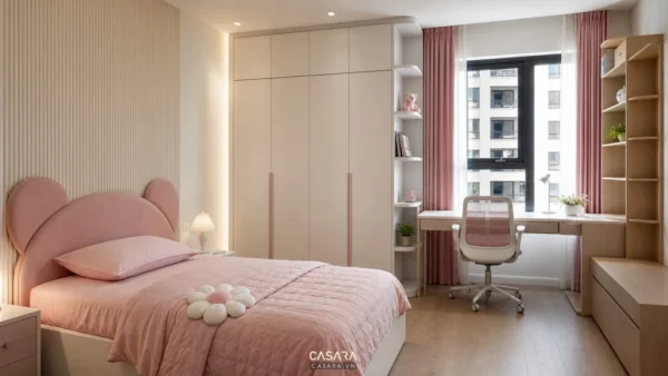 thiết kế phòng ngủ cho bé gái với giường đơn tủ áo và bàn học cạnh cửa sổ