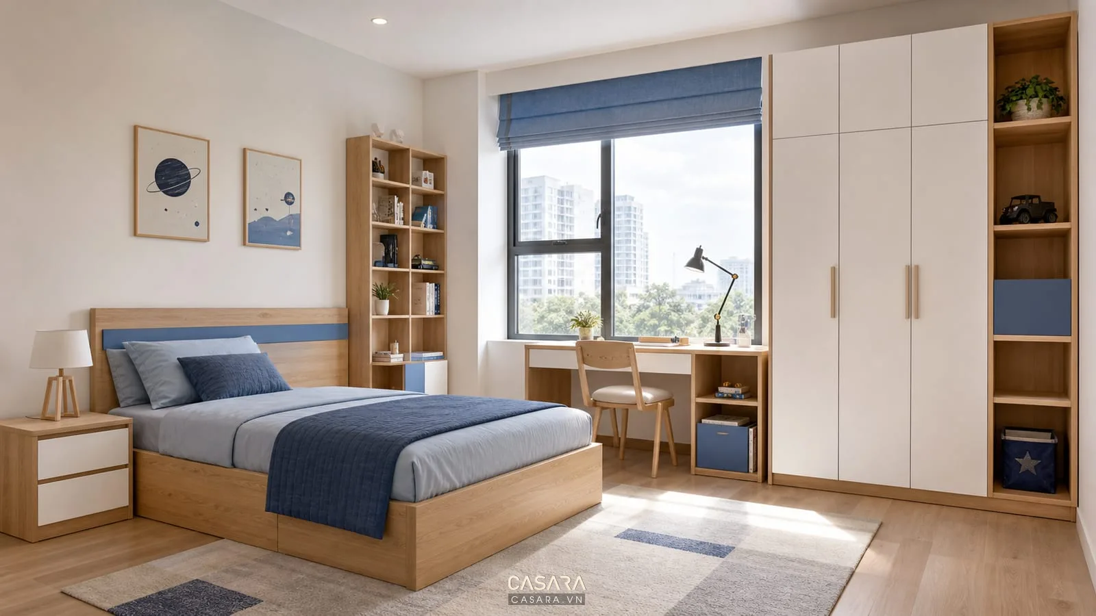 phòng ngủ bé trai phong cách Scandinavian với giường gỗ sáng và tủ trắng