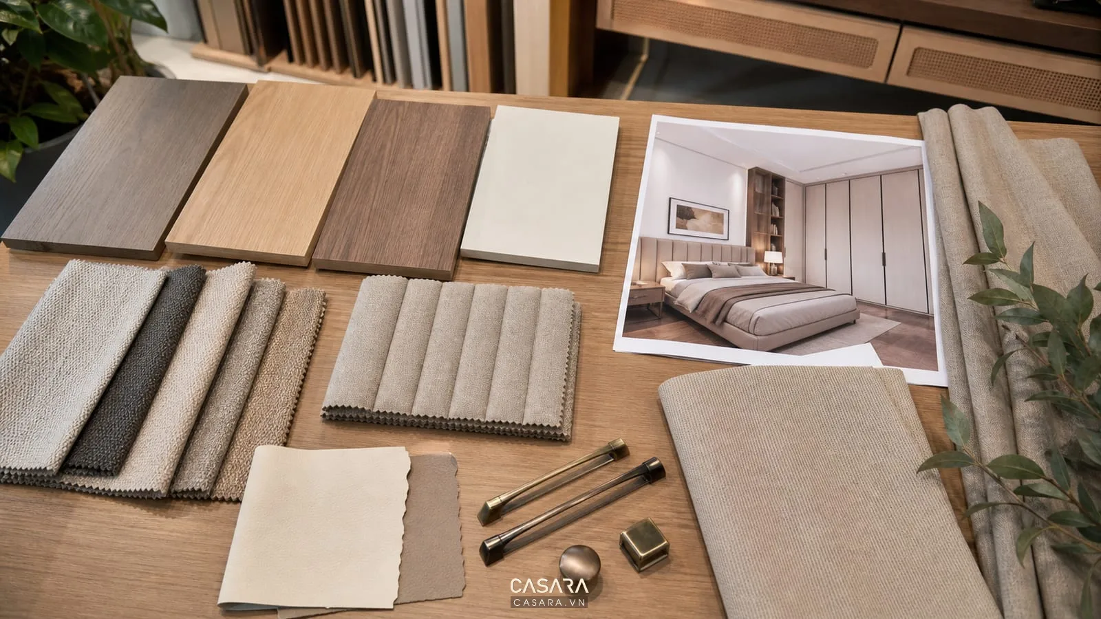 Vật liệu thiết kế nội thất phòng ngủ gồm gỗ veneer và vải bọc đầu giường