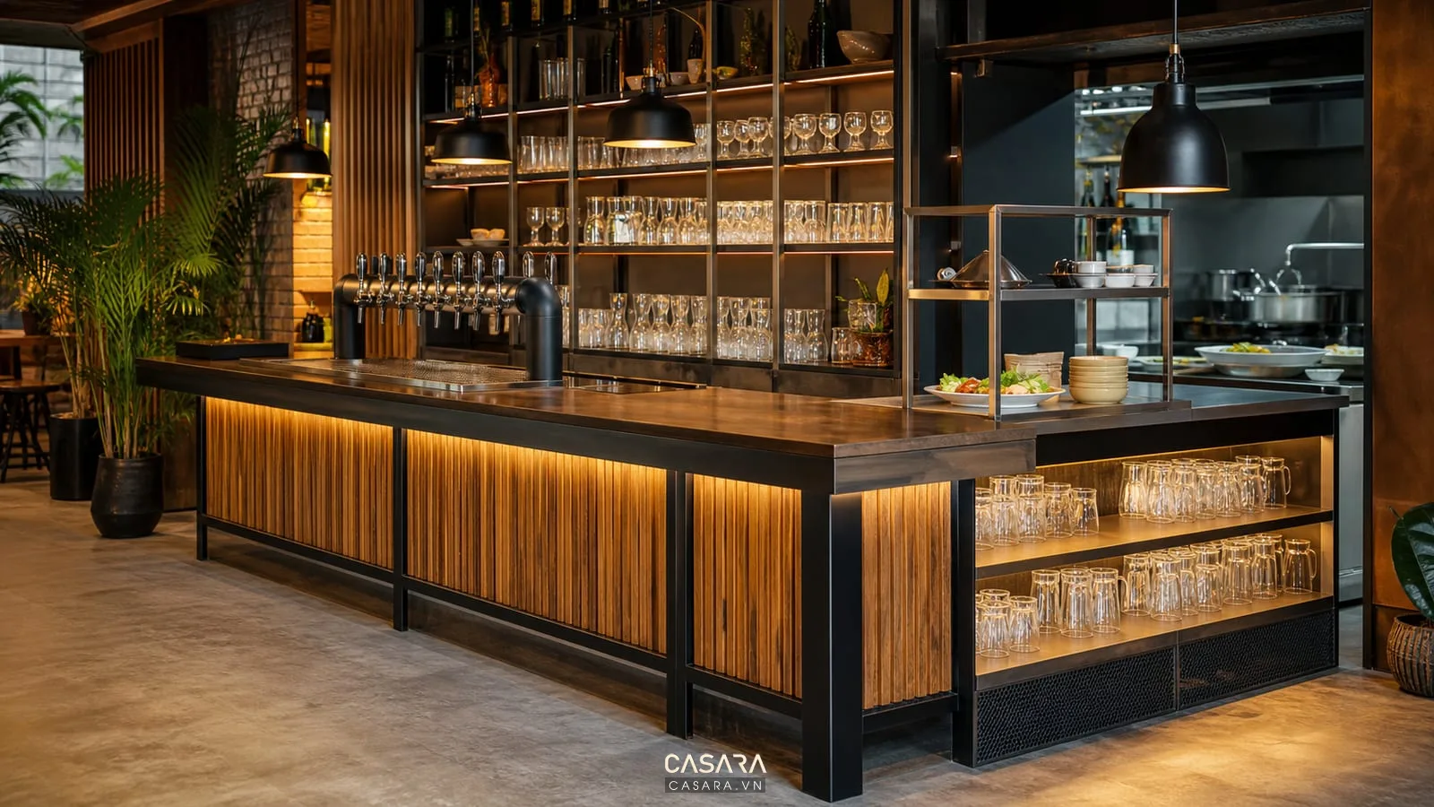 quầy bia gỗ kim loại trong thiết kế quán bia hiện đại