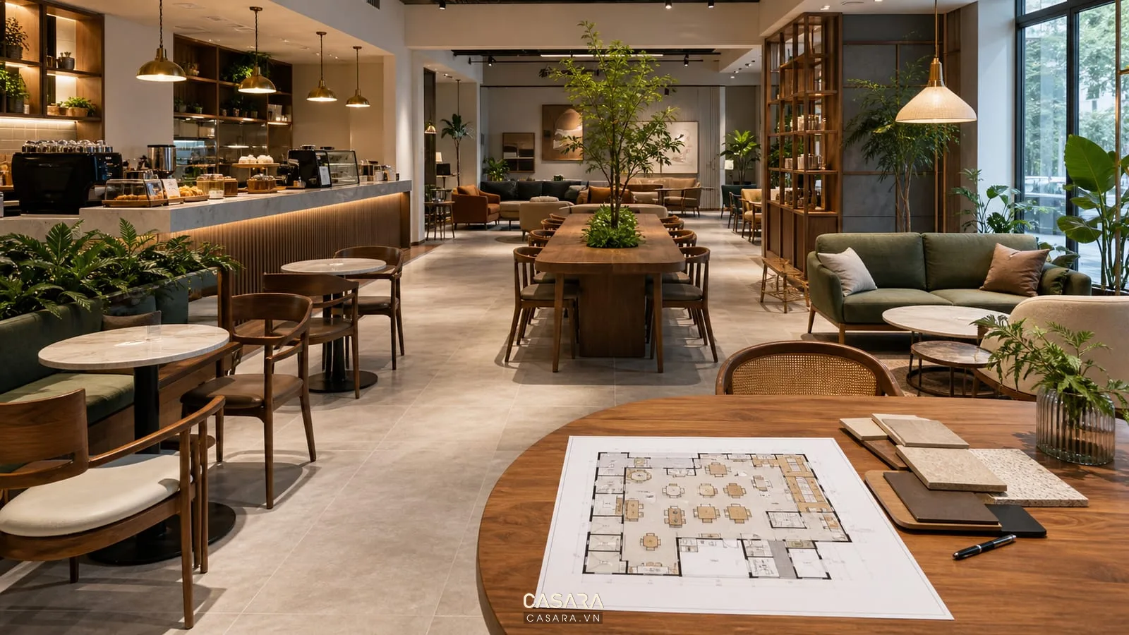 Mặt bằng thiết kế quán cà phê có quầy order, khu chờ, bàn đôi, bàn dài, sofa cafe, lối đi và cây xanh.