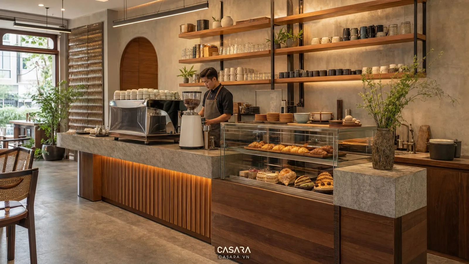 quầy bar quán cafe có máy pha cafe tủ bánh và kệ ly hiện đại