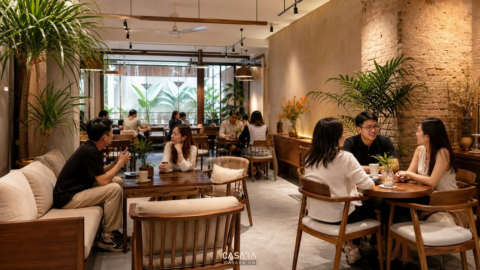 khu bàn ghế quán cafe gỗ với tường gạch và cây xanh