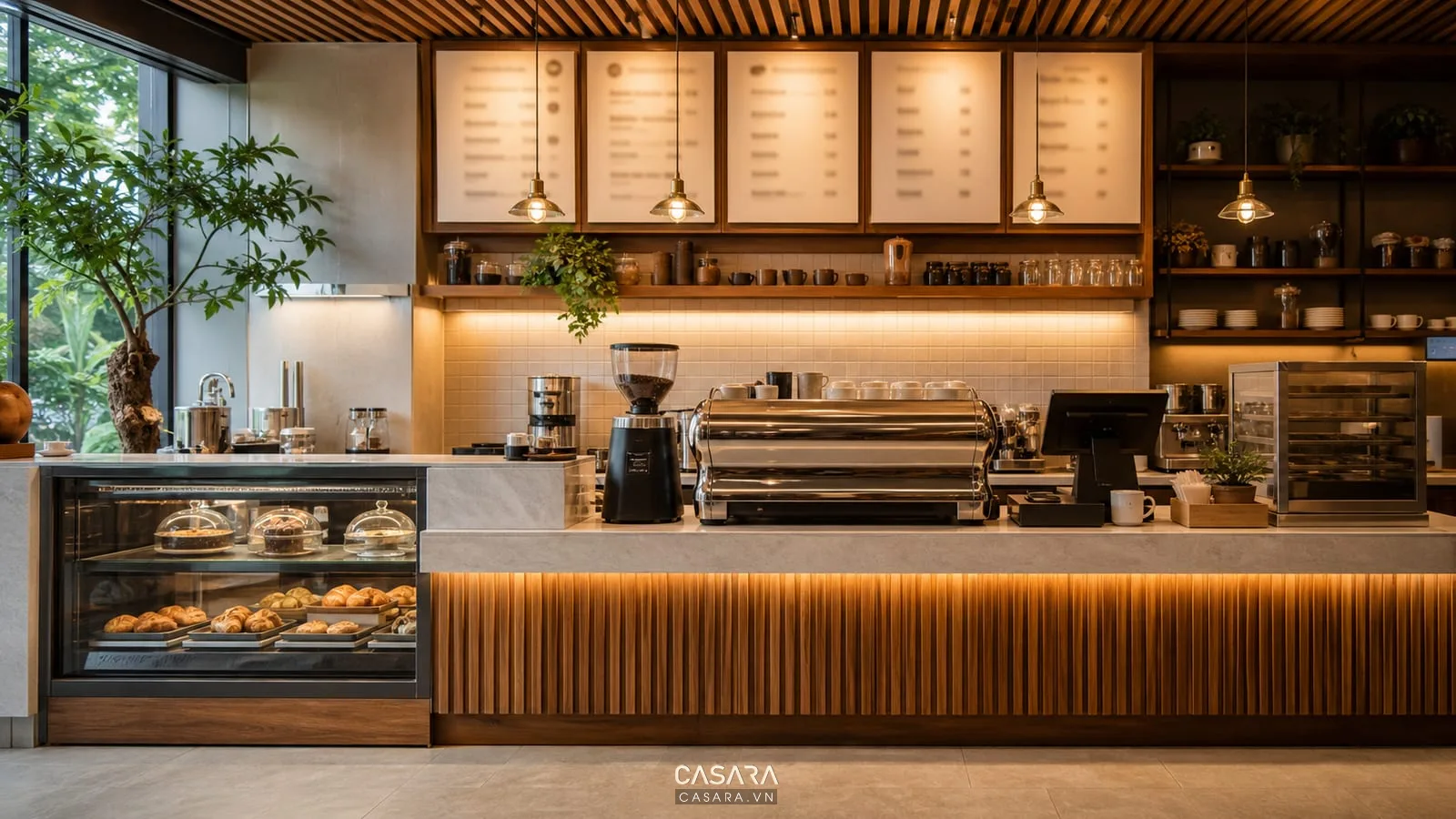Quầy bar order quán coffee với máy pha cà phê và vật liệu gỗ ấm