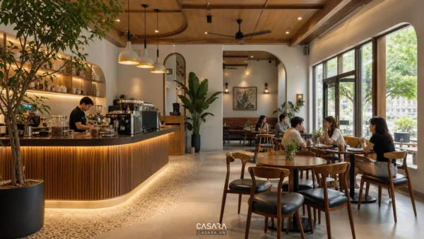 thiết kế quán đẹp với quầy pha chế gỗ và khu ngồi hiện đại