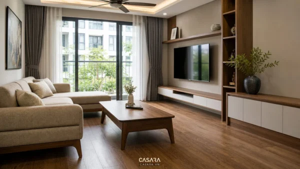 Phòng khách căn hộ hiện đại có sofa vải, bàn trà gỗ, kệ tivi treo tường, tủ lưu trữ thấp, sàn gỗ và ánh sáng tự nhiên.