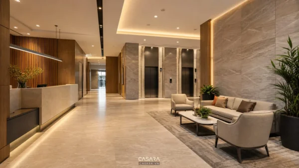 Sảnh chung cư hiện đại với quầy lễ tân, thang máy và khu ghế chờ
