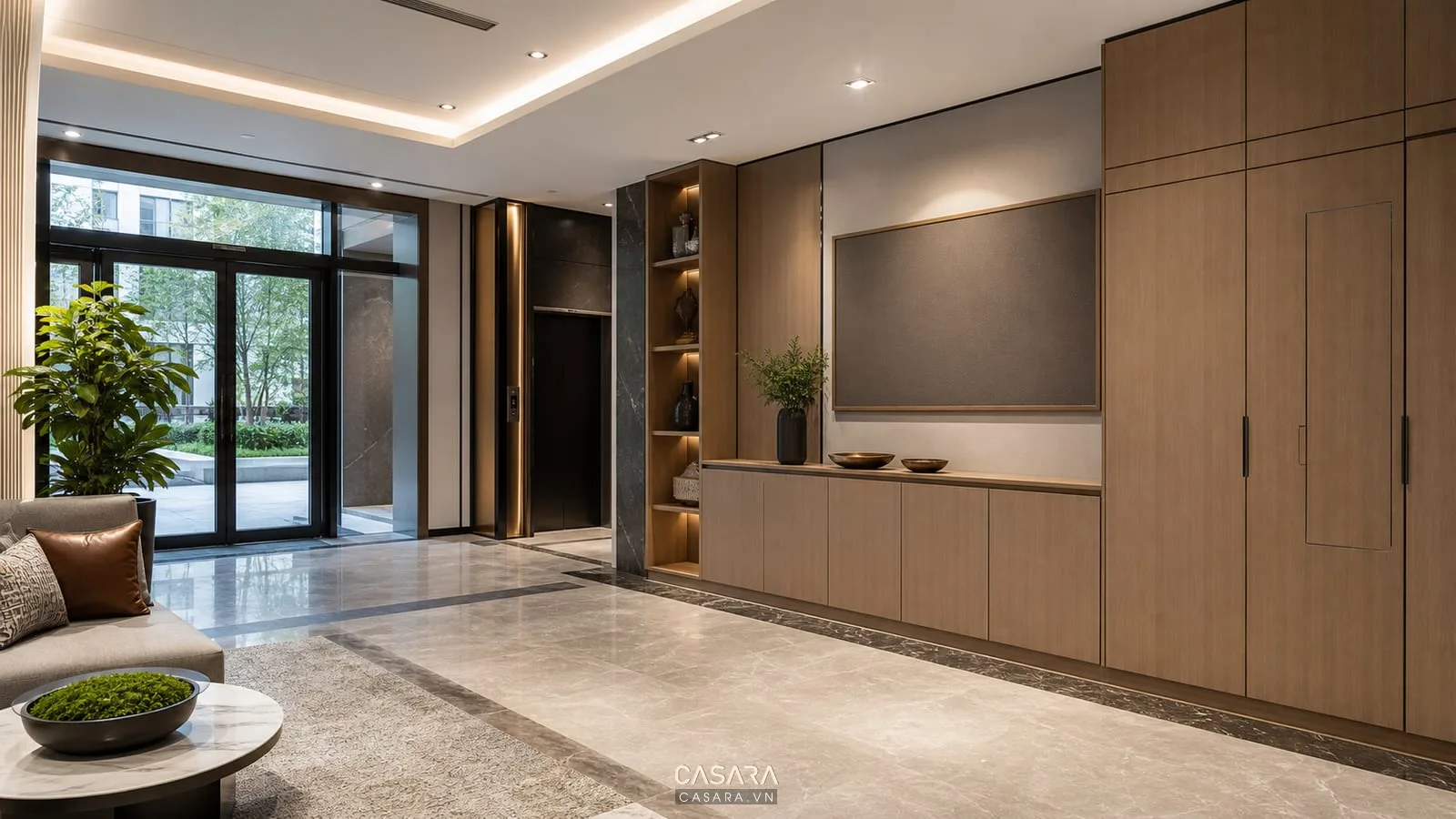 hệ tủ âm tường và bảng thông tin trong thiết kế sảnh chung cư