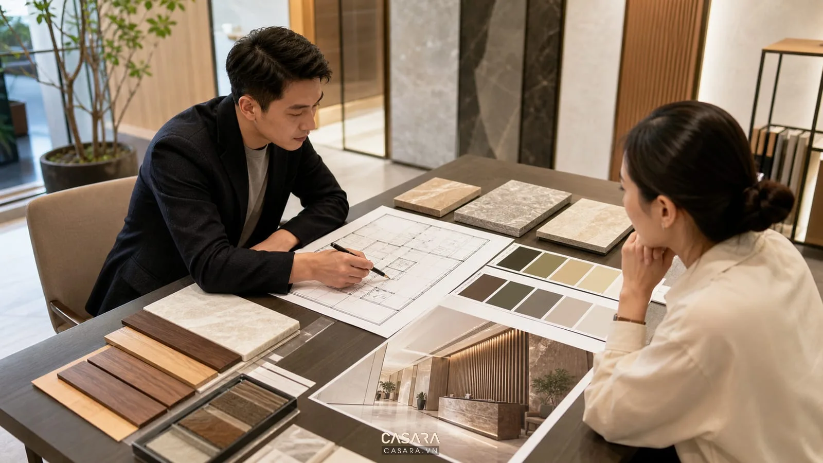 tư vấn thiết kế sảnh chung cư với bản vẽ và mẫu vật liệu