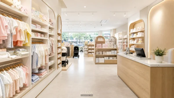 thiết kế shop mẹ và bé có kệ quần áo trẻ em, xe đẩy em bé và lối đi rộng