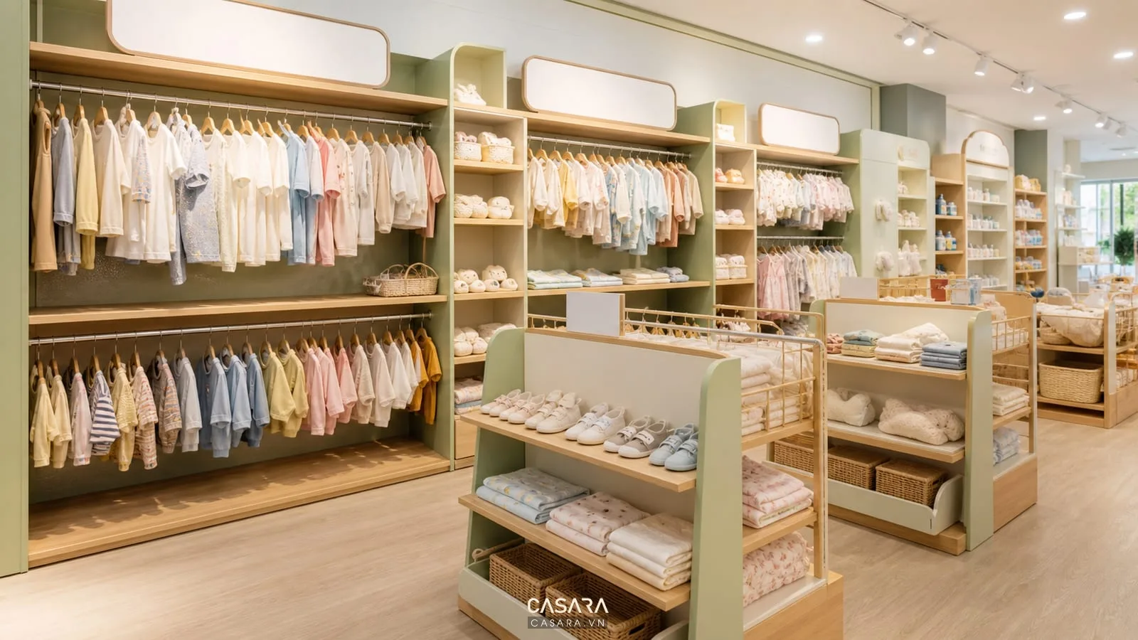 nội thất shop mẹ và bé đẹp với kệ sữa bỉm và lối đi rộng