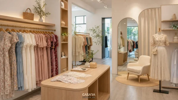 Shop quần áo nữ đẹp với váy treo theo bộ phối, mannequin, gương vòm, ghế thử đồ và tông trắng be gỗ sáng