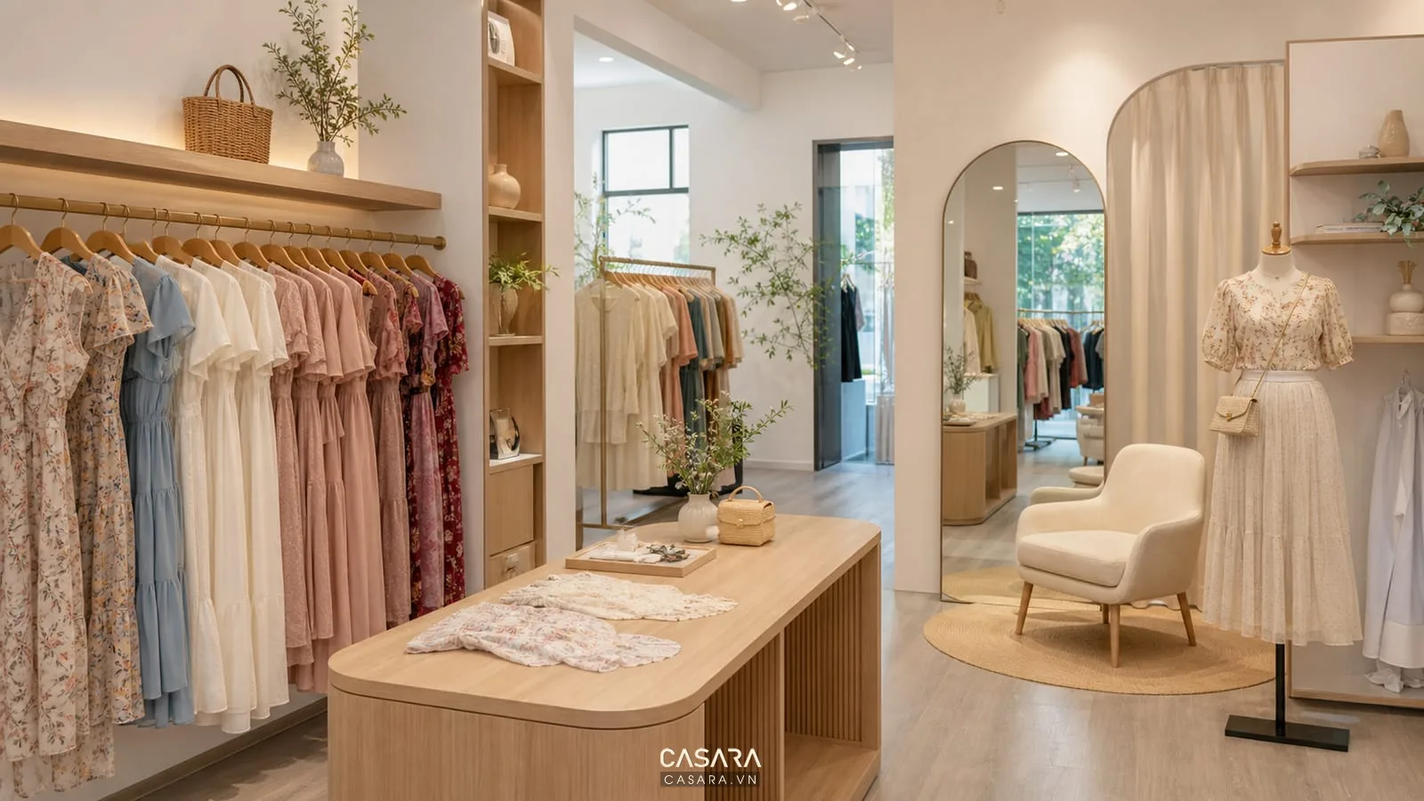 Thiết kế shop quần áo nữ đẹp với váy áo treo trên kệ mannequin và ánh sáng ấm