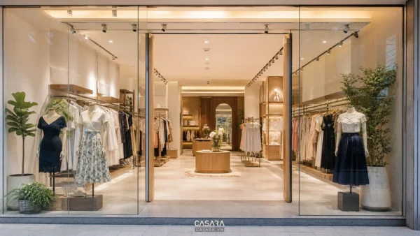 thiết kế shop thời trang đẹp với mặt tiền kính, mannequin và kệ treo quần áo nữ hiện đại