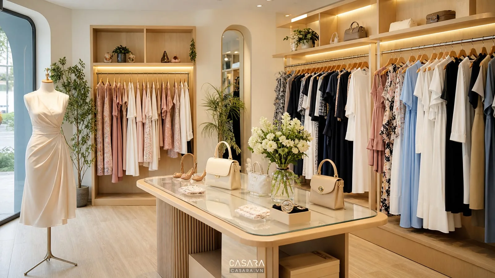 mẫu thiết kế shop thời trang nữ với váy áo, mannequin, phụ kiện và nền gỗ sáng