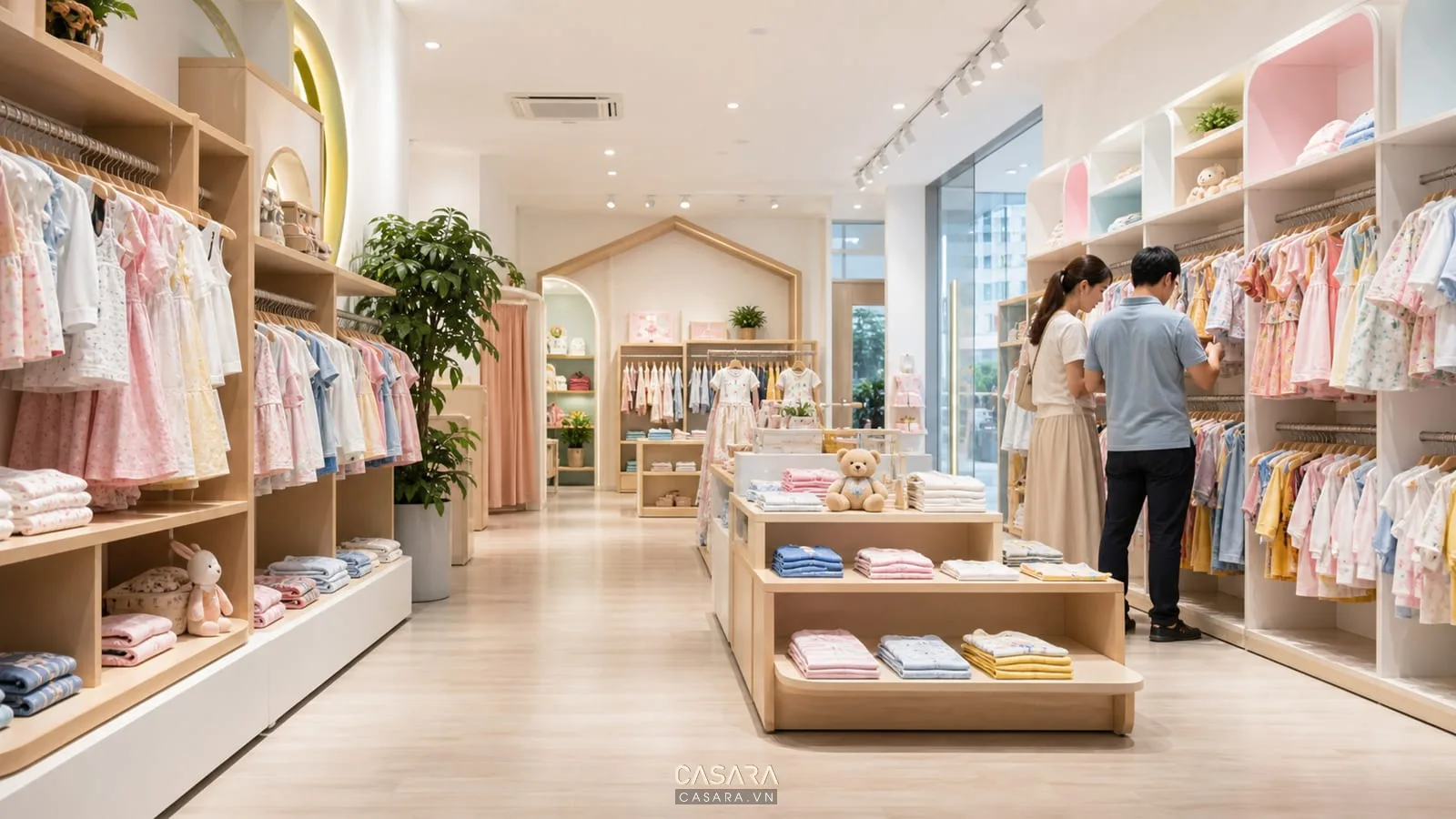 Thiết kế shop trẻ em với kệ trưng bày thấp móc treo quần áo trẻ em màu pastel và lối đi rộng