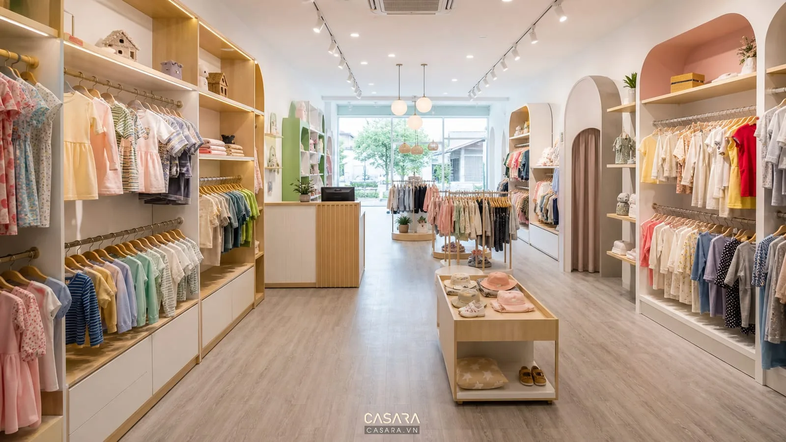 Mặt bằng thiết kế shop trẻ em có lối đi trung tâm kệ treo theo độ tuổi bàn phụ kiện và quầy thu ngân nhỏ