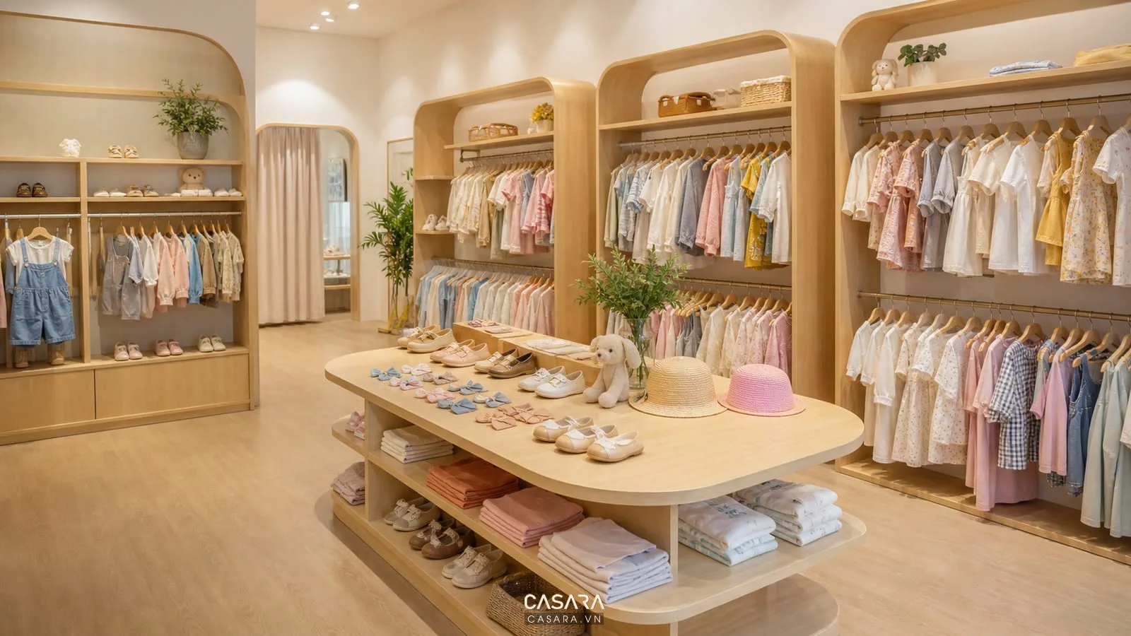 Thiết kế shop trẻ em với kệ treo quần áo trẻ em gỗ sáng bàn bo góc phụ kiện và ánh sáng trắng ấm