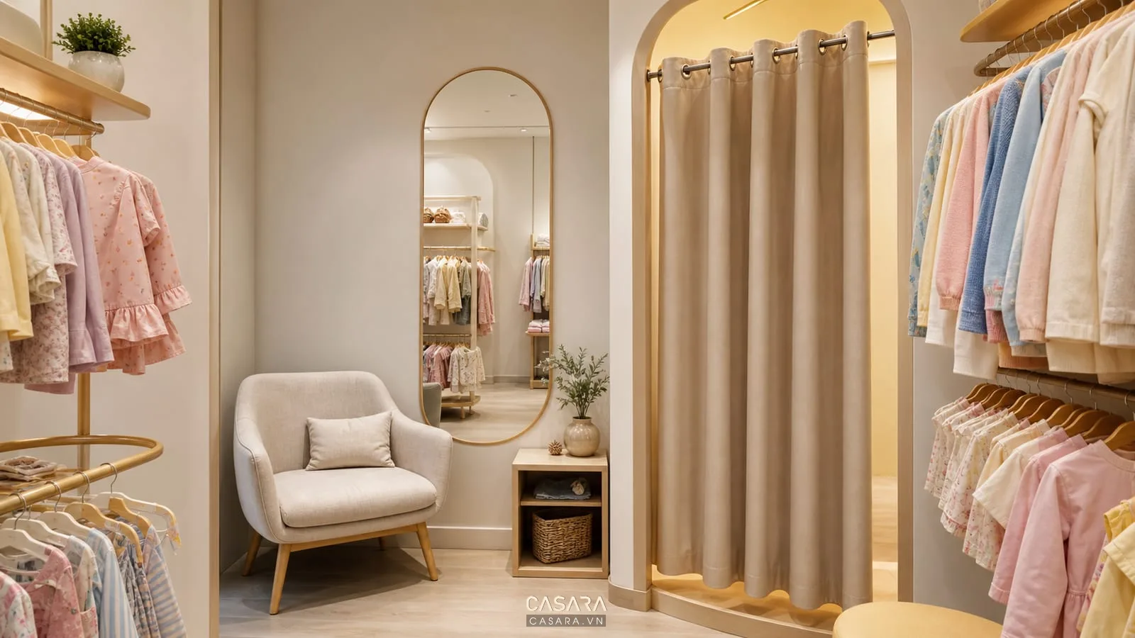 Thiết kế shop trẻ em có phòng thử đồ gương toàn thân ghế chờ phụ huynh rèm mềm và ánh sáng ấm