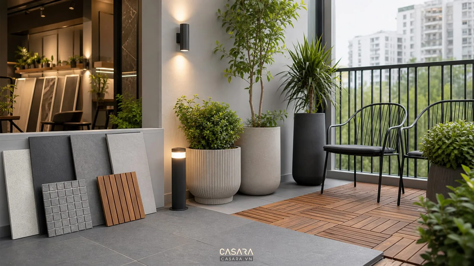 vật liệu thiết kế ban công chung cư gồm gạch nhám và vỉ gỗ
