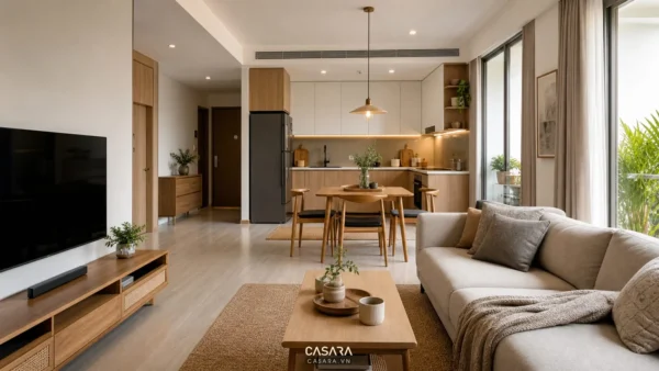 Căn hộ phòng khách bếp hiện đại với sofa bàn ăn tủ bếp chữ L và kệ tivi thấp