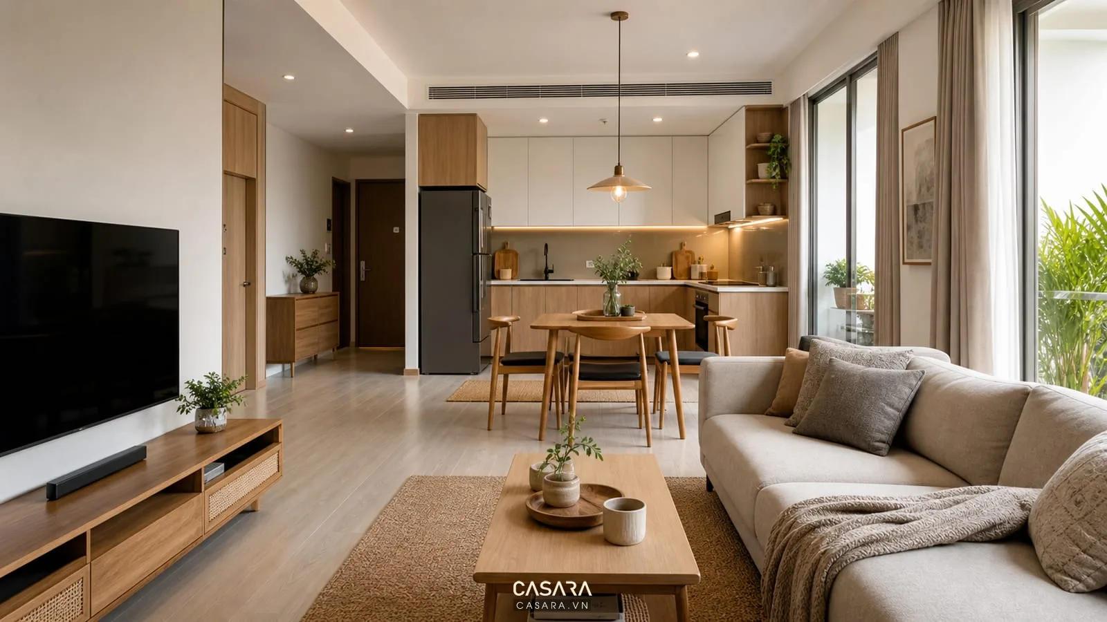 Căn hộ phòng khách bếp hiện đại với sofa bàn ăn tủ bếp chữ L và kệ tivi thấp