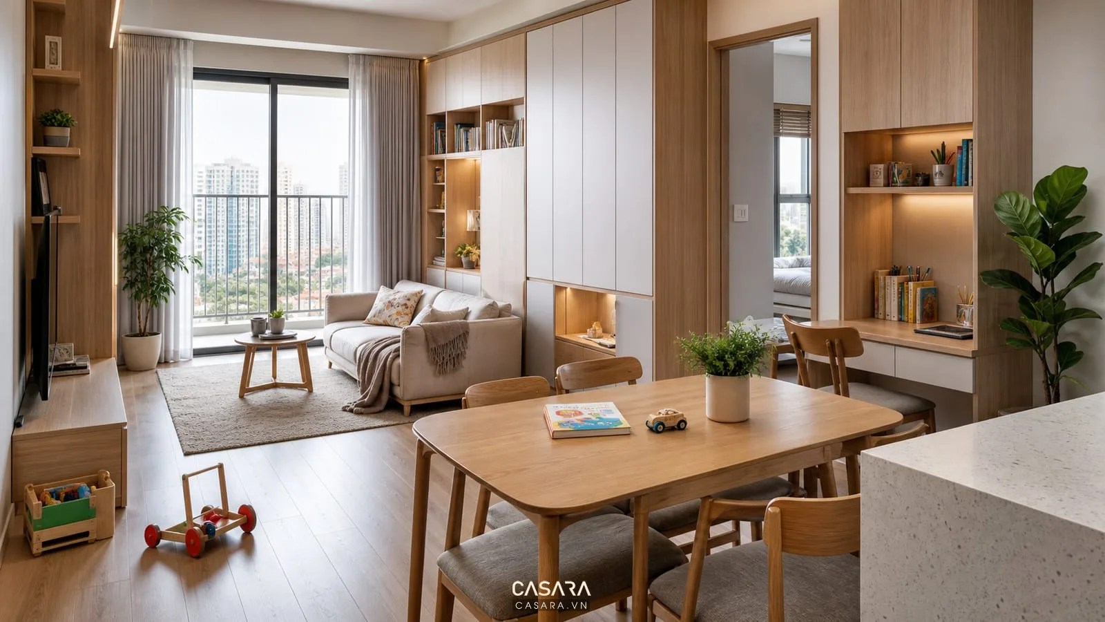 Căn hộ nhỏ với sofa gọn bàn ăn góc làm việc và tủ lưu trữ kịch trần màu gỗ sáng