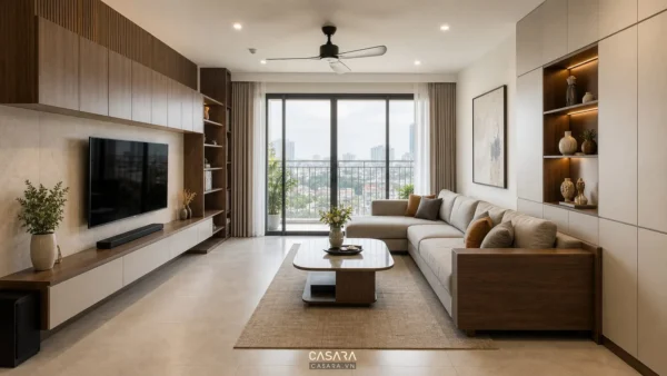 Phòng khách chung cư hiện đại với sofa góc, kệ tivi và hệ tủ lưu trữ