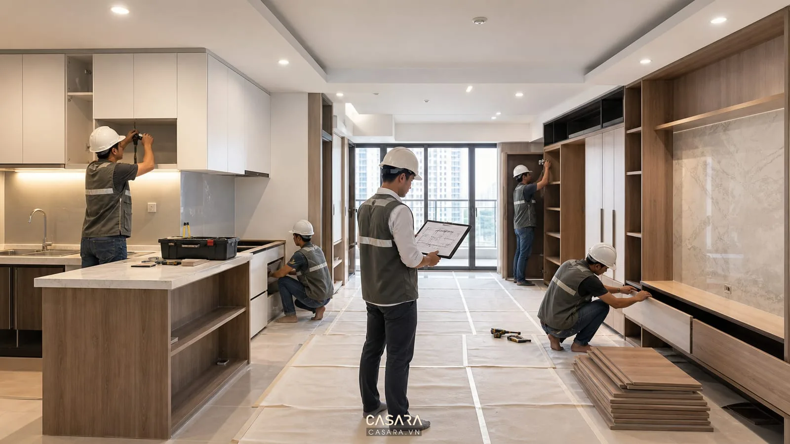 thi công căn hộ chung cư với tủ bếp và bản vẽ nội thất