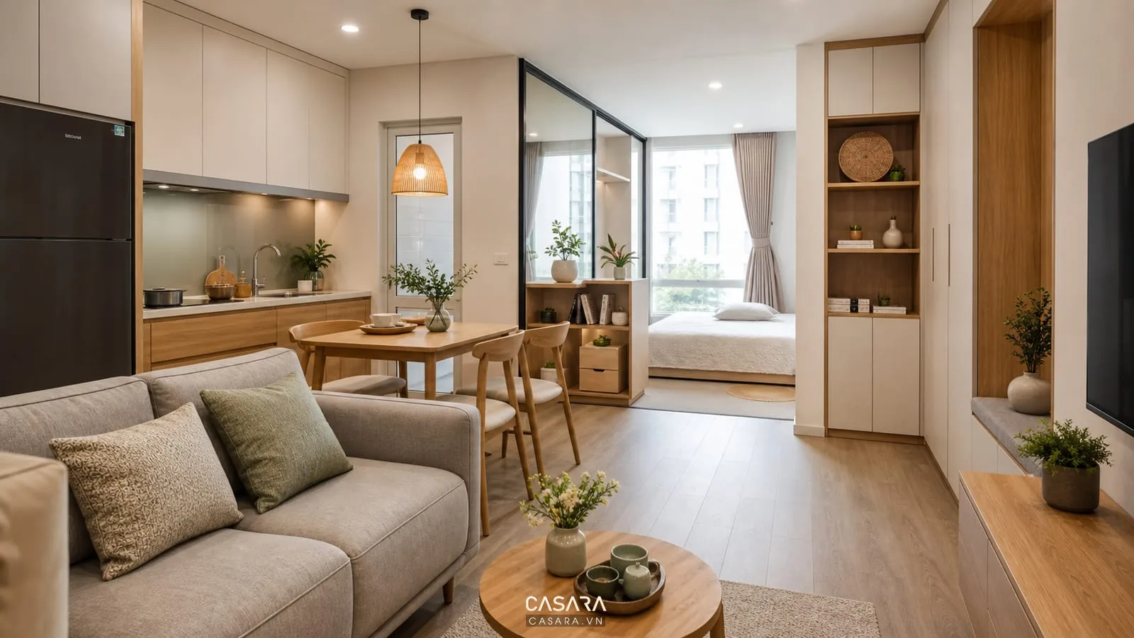 Thiết kế thi công chung cư mini với sofa gọn bàn ăn nhỏ tủ âm tường và ánh sáng tự nhiên