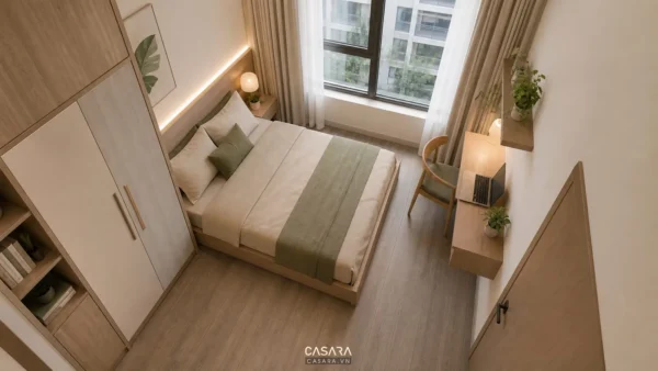Phòng ngủ chung cư mini với giường đôi, tủ áo lớn và bàn làm việc cạnh cửa sổ