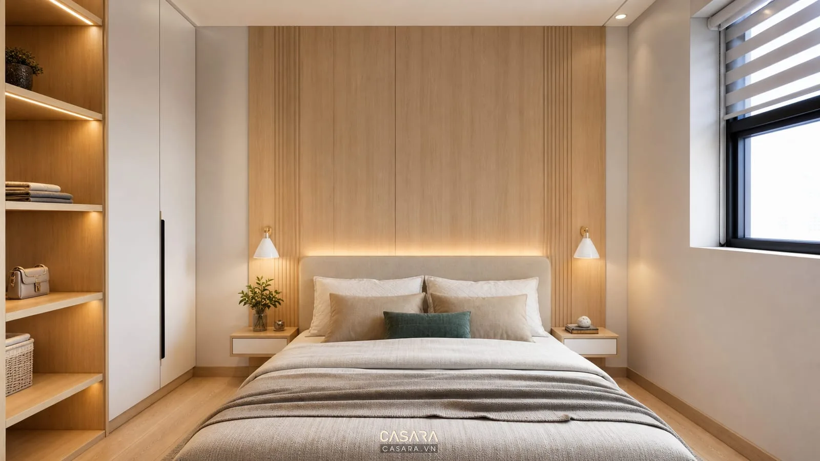 giường phòng ngủ chung cư mini đặt giữa với vách đầu giường và lối đi hai bên