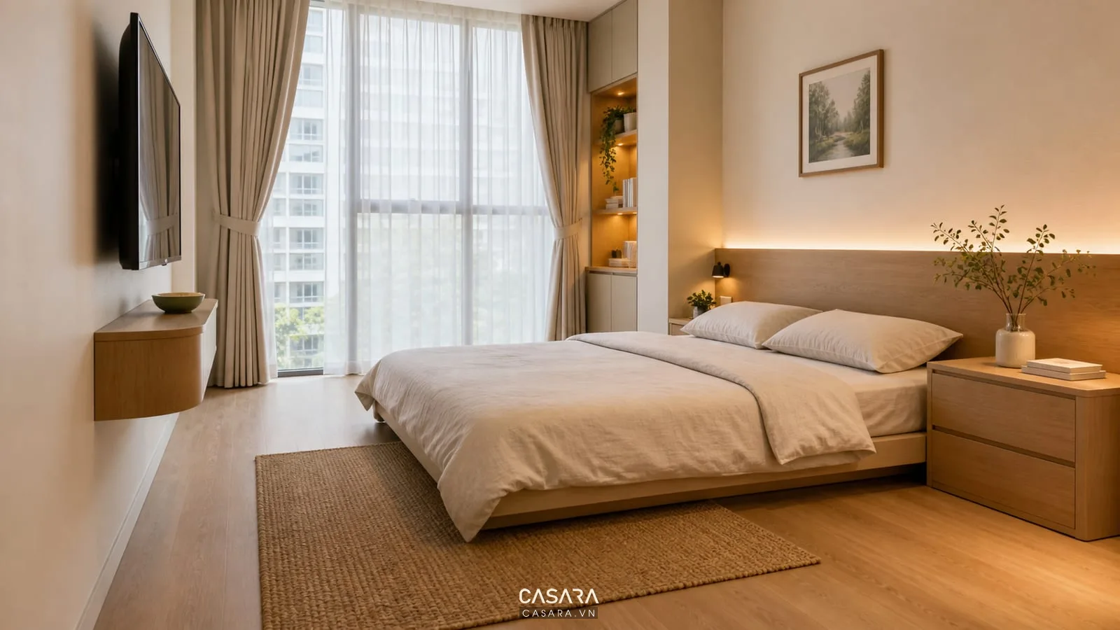 thiết kế chung cư mini 30m2 với phòng ngủ giường thấp và nội thất gọn