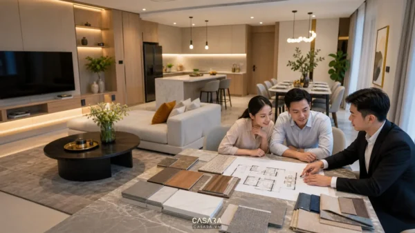 Cặp đôi trao đổi với kiến trúc sư bên bản vẽ và mẫu vật liệu trong căn hộ chung cư