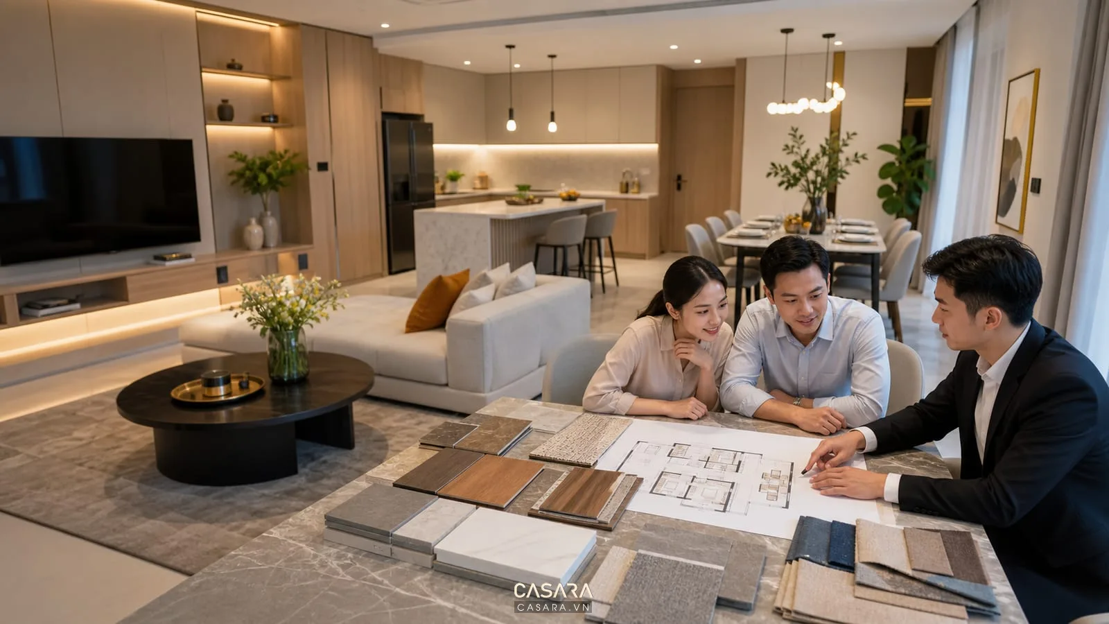 Thiết kế thi công nhà chung cư với phòng khách bếp bản vẽ mặt bằng và mẫu vật liệu nội thất