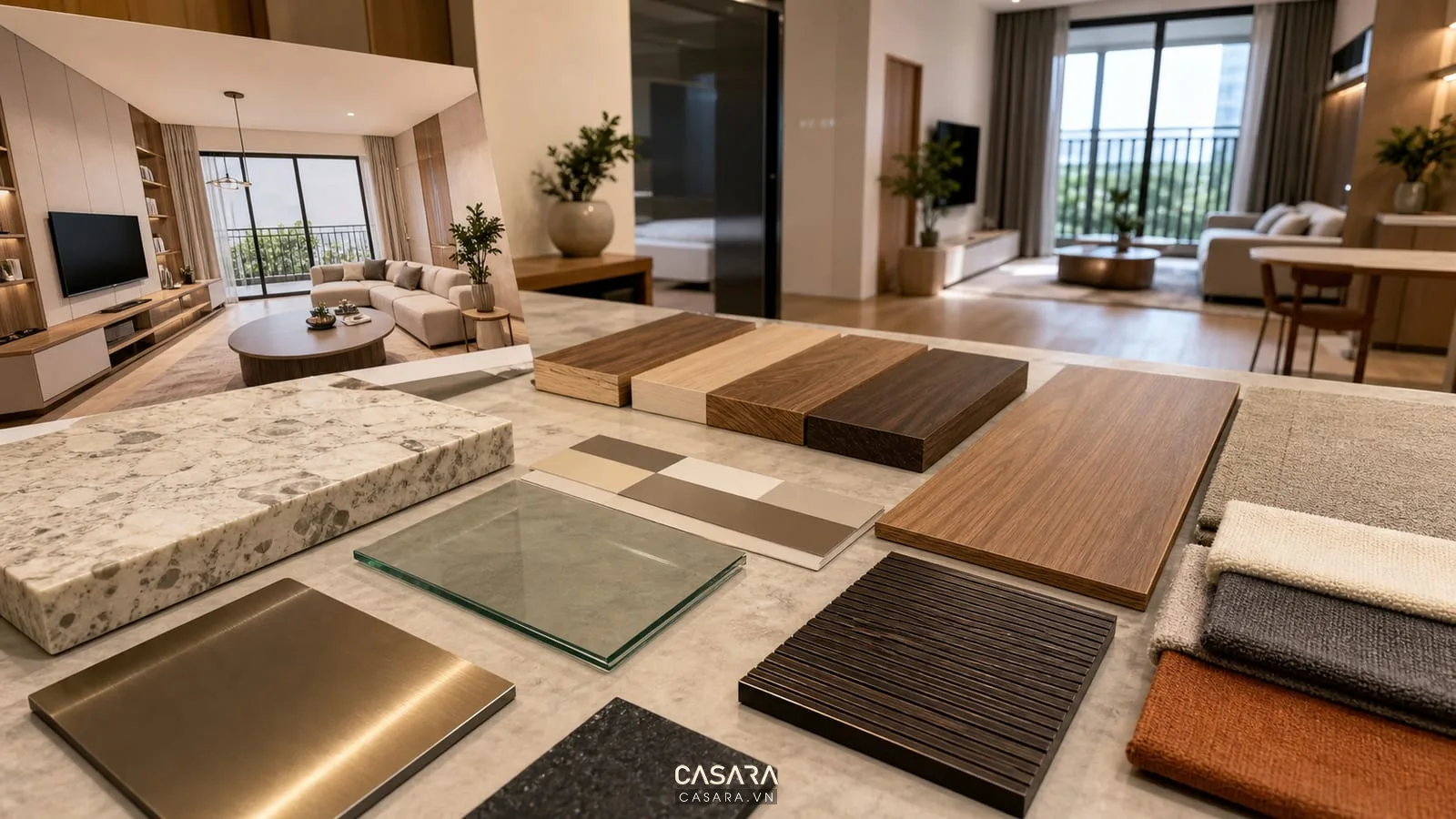 Bảng vật liệu thiết kế thi công nhà chung cư với gỗ đá kính kim loại vải sofa và màu sơn