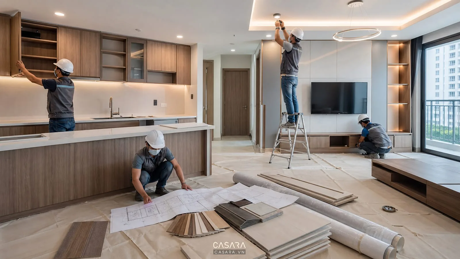 Thi công sửa nhà chung cư với lắp đặt tủ bếp kệ tivi đèn trần bản vẽ kỹ thuật và sàn bảo vệ
