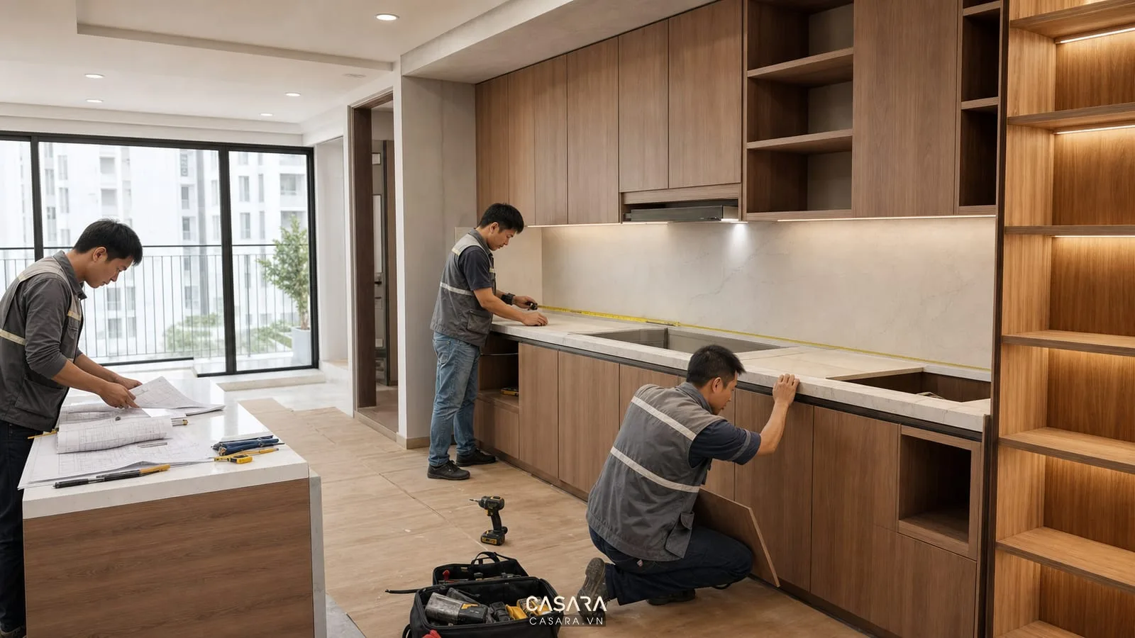 thi công thiết kế nội thất chung cư lắp đặt tủ bếp tại công trình