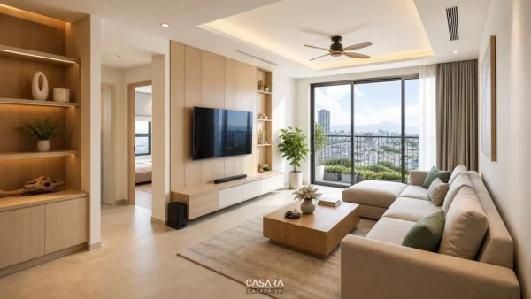 Phòng khách chung cư hiện đại có sofa chữ L, kệ tivi gỗ sáng màu và cửa kính lớn
