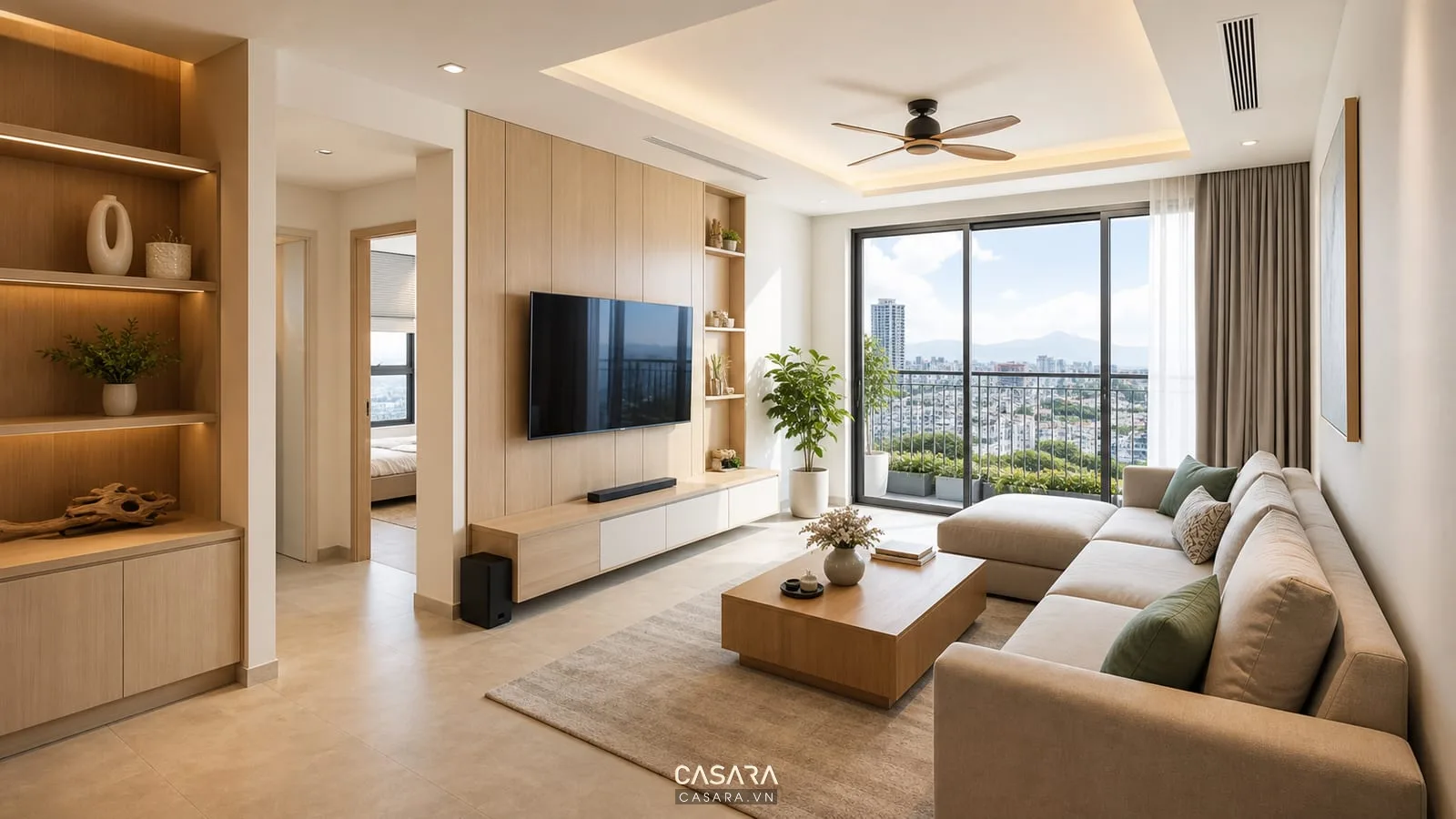 phòng khách chung cư Đà Nẵng hiện đại với nội thất gỗ sáng màu