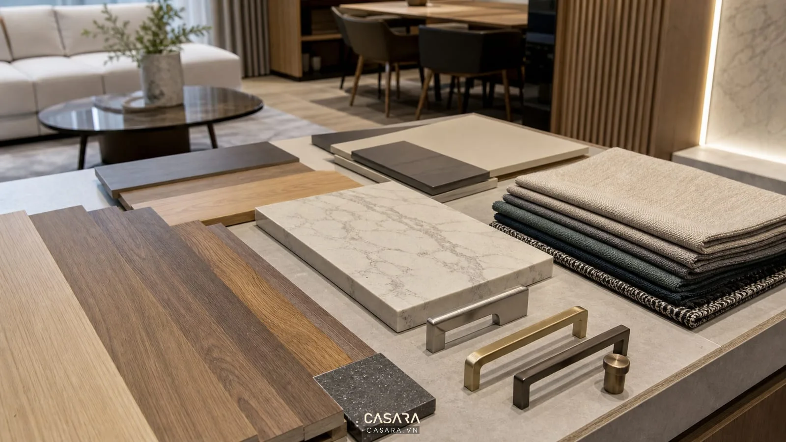 mẫu vật liệu nội thất chung cư gồm gỗ công nghiệp đá bếp và vải sofa