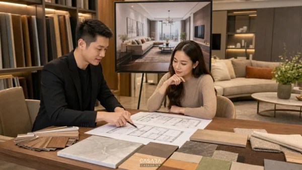 thiết kế thi công nội thất chung cư trọn gói với bản vẽ và mẫu vật liệu