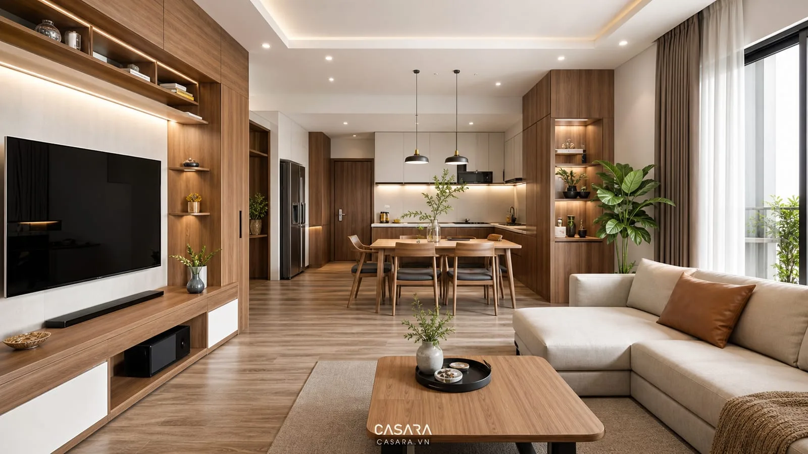 phối cảnh phòng khách bếp trong thiết kế thi công nội thất chung cư