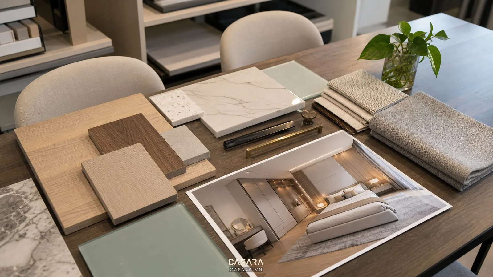 mẫu vật liệu cho thiết kế thi công nội thất chung cư gồm gỗ đá kính và vải