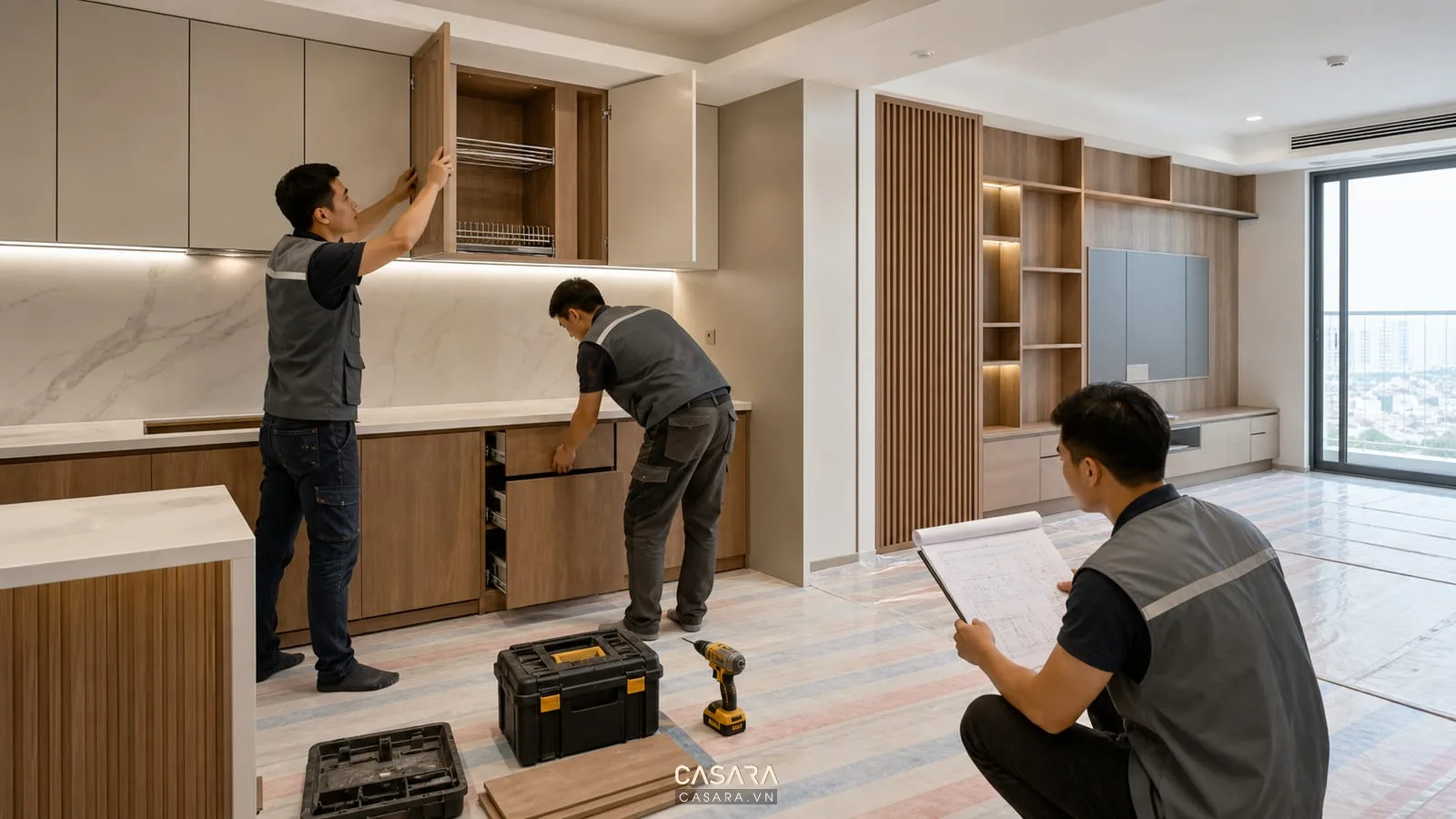 đội thi công nội thất chung cư lắp tủ bếp và hệ tủ theo bản vẽ kỹ thuật