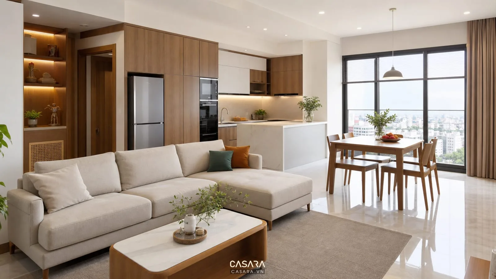 nội thất căn hộ Hải Phòng hiện đại với phòng khách liền bếp sofa tủ gỗ và ánh sáng tự nhiên