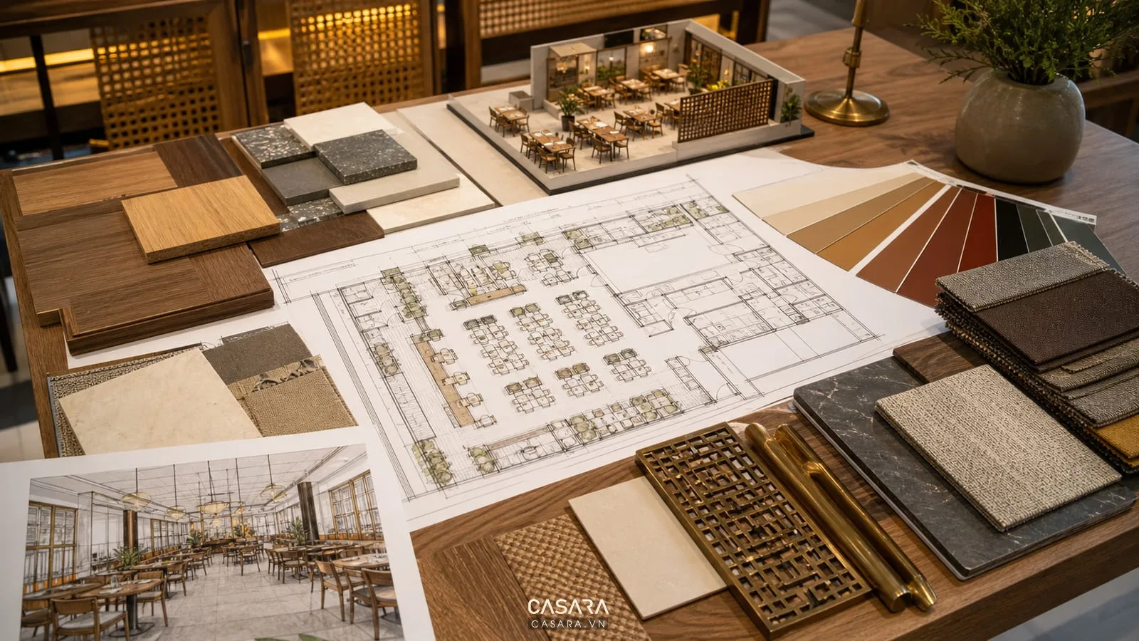 Bản vẽ mặt bằng thiết kế thi công nội thất nhà hàng với phối cảnh 3D, mẫu gỗ, đá và vải ghế