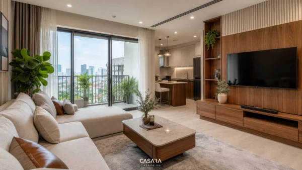 thiết kế thi công nội thất tp hcm căn hộ hiện đại có phòng khách liền bếp sofa tủ tivi gỗ và ban công đô thị